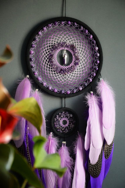 New model: Handmade Large Purple Black Dream Catcher with Amethyst crumb