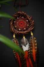 Load image into Gallery viewer, Rustic Brown Dream Catcher with Orange Feathers and Red Woven Web