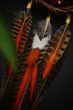 Load image into Gallery viewer, Rustic Brown Dream Catcher with Orange Feathers and Red Woven Web