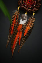 Load image into Gallery viewer, Rustic Brown Dream Catcher with Orange Feathers and Red Woven Web