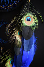 Load image into Gallery viewer, Blue Peacock Dream Catcher – Handmade Boho Wall Hanging with Natural Peacock Feathers