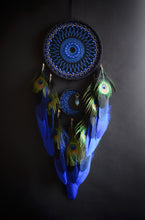 Load image into Gallery viewer, Blue Peacock Dream Catcher – Handmade Boho Wall Hanging with Natural Peacock Feathers