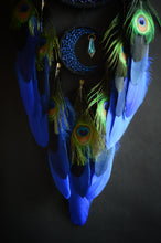 Load image into Gallery viewer, Blue Peacock Dream Catcher – Handmade Boho Wall Hanging with Natural Peacock Feathers