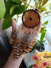 Load image into Gallery viewer, Small Brown Dream Catcher with Natural Feathers โ Handmade Boho Wall Decor