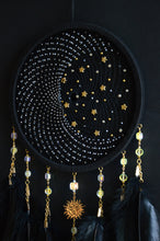 Load image into Gallery viewer, Black Celestial Dream Catcher with Hematite-Tone Beads, Golden Stars and Black Feathers