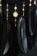 Load image into Gallery viewer, Black Celestial Dream Catcher with Hematite-Tone Beads, Golden Stars and Black Feathers