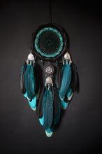 Load image into Gallery viewer, Handmade Dreamcatcher – Turquoise & Black Feathers, Beaded Web, Boho Wall Hangin