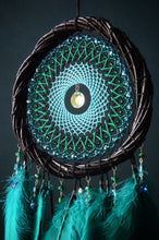 Load image into Gallery viewer, Handmade Turquoise Dreamcatcher with Crystal Center and Teal Feathers Boho Decor