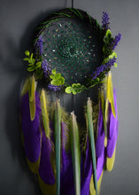 Load image into Gallery viewer, Handmade Floral Dreamcatcher – 19 cm Ring – 53 cm Length – Green & Purple Design