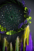 Load image into Gallery viewer, Handmade Floral Dreamcatcher – 19 cm Ring – 53 cm Length – Green & Purple Design