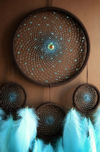 Load image into Gallery viewer, Large Blue Brown Dreamcatcher – Boho Wall Hanging, Beaded Spiral Web, Sky Blue Home Decor
