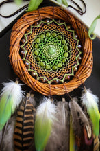 Load image into Gallery viewer, Handmade Green Dream Catcher with Natural Feathers – Boho Rustic Wall Hanging, Nature-Inspired Spiritual Decor