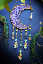 Load image into Gallery viewer, Handmade Crescent Moon Dream Catcher with Crystal Drops – Celestial Boho Wall Hanging, Purple Beaded Moon Decor
