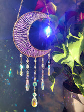 Load image into Gallery viewer, Handmade Crescent Moon Dream Catcher with Crystal Drops – Celestial Boho Wall Hanging, Purple Beaded Moon Decor
