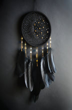 Load image into Gallery viewer, Black Celestial Dream Catcher with Hematite-Tone Beads, Golden Stars and Black Feathers
