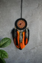 Load image into Gallery viewer, Small orange black dream catcher with pheasant feathers