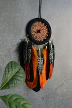 Load image into Gallery viewer, Small orange black dream catcher with pheasant feathers