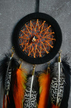 Load image into Gallery viewer, Small orange black dream catcher with pheasant feathers
