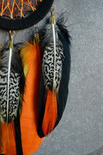 Load image into Gallery viewer, Small orange black dream catcher with pheasant feathers
