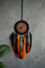 Load image into Gallery viewer, Small orange black dream catcher with pheasant feathers