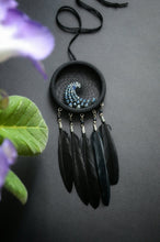 Load image into Gallery viewer, Small black dream catcher with blue wave ornament