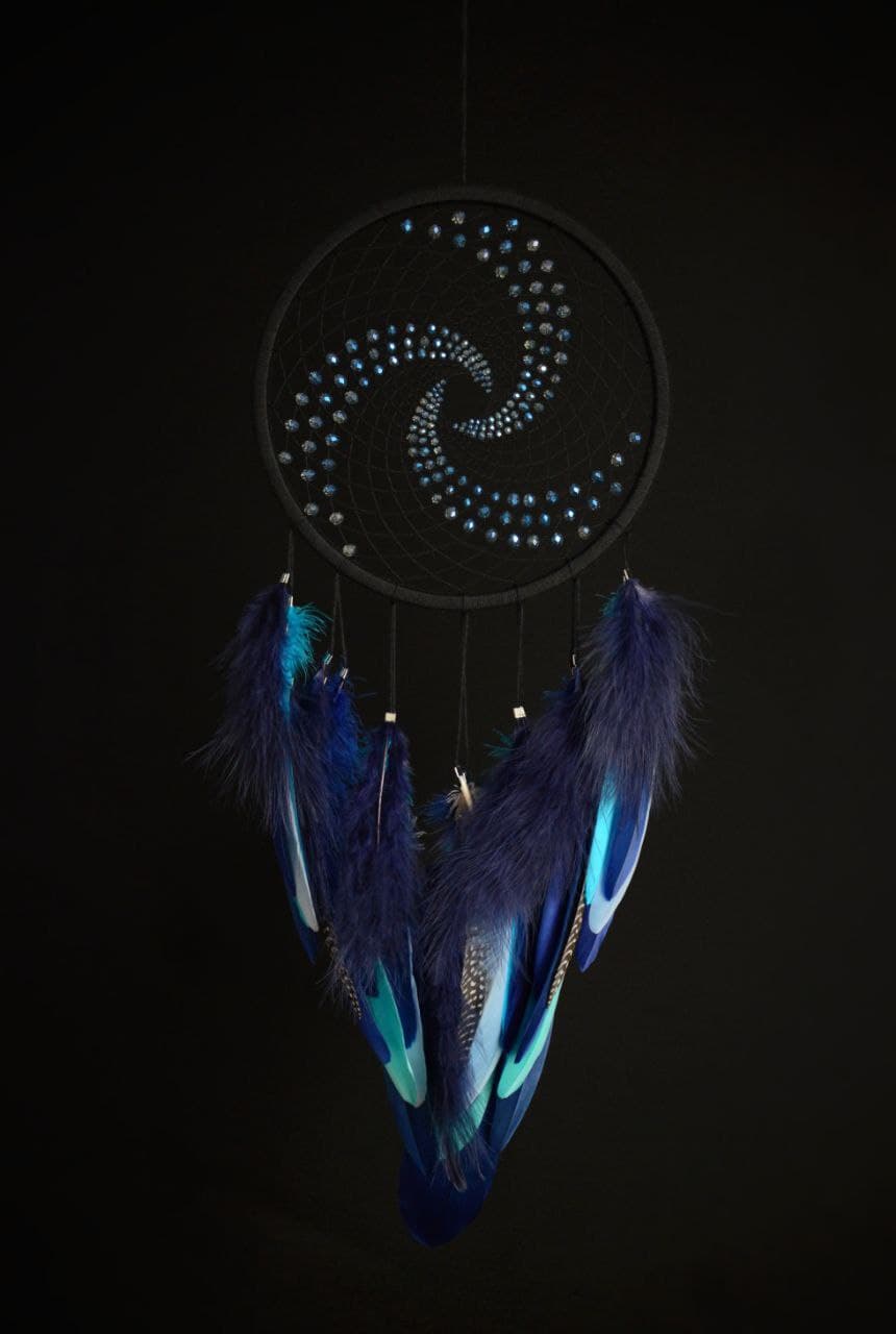 Large Black Blue Dream Catcher with glass bead spiral | MIDNIGHT ...