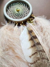 Load image into Gallery viewer, small beige dreamcatcher with natural owl feather