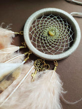 Load image into Gallery viewer, small beige dreamcatcher with natural owl feather