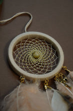 Load image into Gallery viewer, small beige dreamcatcher with natural owl feather