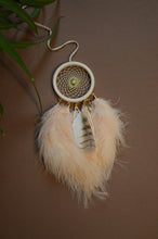 Load image into Gallery viewer, small beige dreamcatcher with natural owl feather