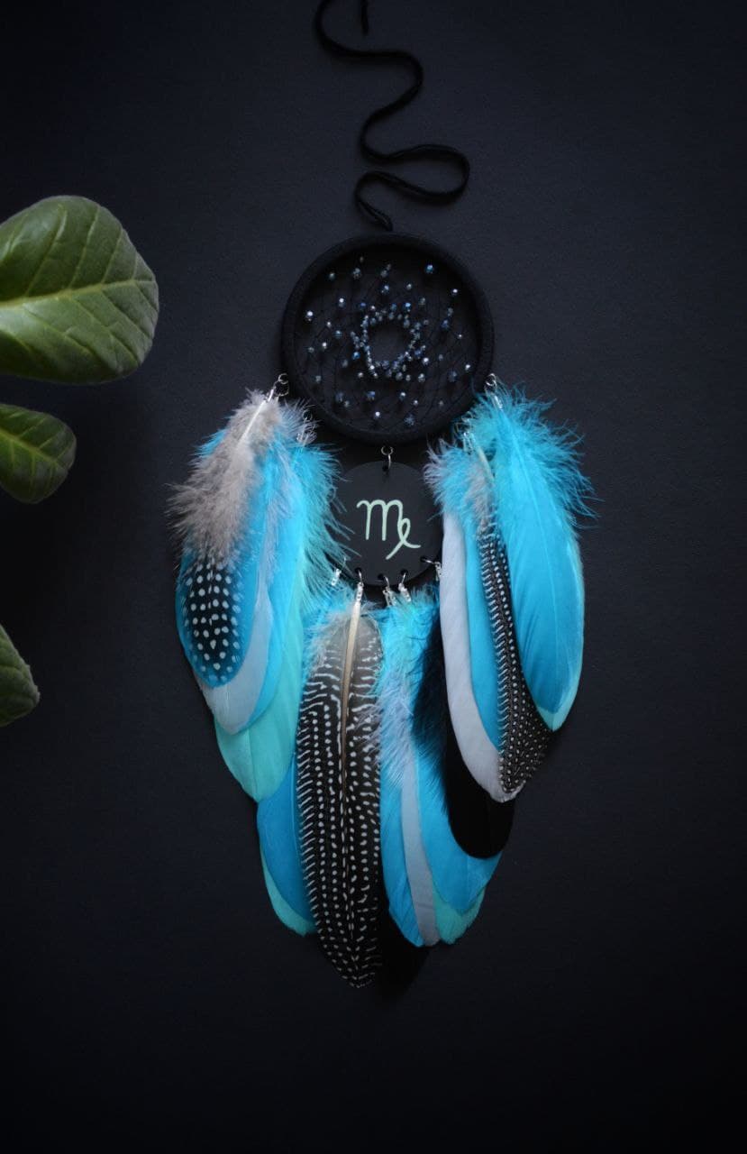 Black turquoise gray blue dream catcher with zodiac sign