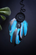 Load image into Gallery viewer, Black turquoise gray blue dream catcher with zodiac sign