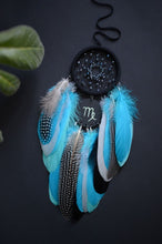 Load image into Gallery viewer, Black turquoise gray blue dream catcher with zodiac sign