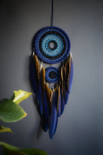Load image into Gallery viewer, Large blue dream catcher with blue-yellow macaw feathers