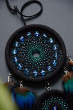 Load image into Gallery viewer, Black dream catcher with peacock feathers