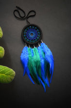 Load image into Gallery viewer, Small black dreamcatcher with green and blue feathers