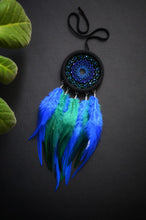 Load image into Gallery viewer, Small black dreamcatcher with green and blue feathers