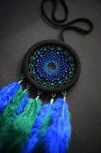 Load image into Gallery viewer, Small black dreamcatcher with green and blue feathers