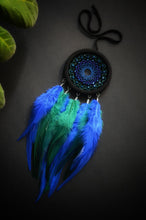 Load image into Gallery viewer, Small black dreamcatcher with green and blue feathers