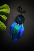 Load image into Gallery viewer, Small black dreamcatcher with green and blue feathers