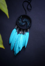 Load image into Gallery viewer, small black blue dream chatcher with spiral weave