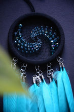 Load image into Gallery viewer, small black blue dream chatcher with spiral weave