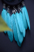 Load image into Gallery viewer, small black blue dream chatcher with spiral weave