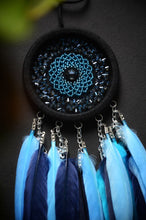 Load image into Gallery viewer, small blue black dream catcher with glass beads