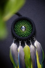 Load image into Gallery viewer, mini green dream catcher with parrot feathers