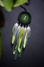 Load image into Gallery viewer, mini green dream catcher with parrot feathers