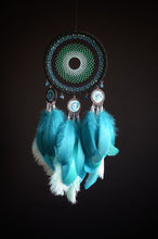 Load image into Gallery viewer, large black turquoise dream catcher with ostrich feathers