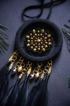 Load image into Gallery viewer, small black dream catcher with golden glass beads