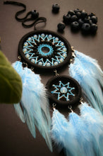 Load image into Gallery viewer, Small black dreamcatcher with blue feathers
