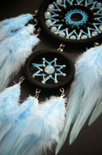 Load image into Gallery viewer, Small black dreamcatcher with blue feathers